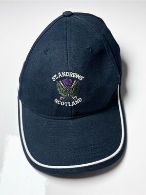 Vintage St Andrews Scotland Golf Hat Cap Navy Blue Thistle Emblem Sandwich Brim